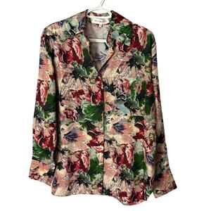 Isla & White Floral Button Down Silk Top Size Small